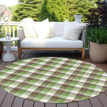 8' Brown Green And Beige Round Plaid Washable Indoor Outdoor Area Rug