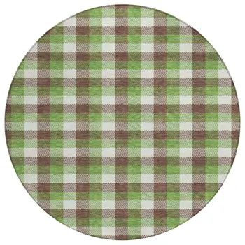 8' Brown Green And Beige Round Plaid Washable Indoor Outdoor Area Rug