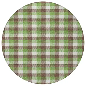 8' Brown Green And Beige Round Plaid Washable Indoor Outdoor Area Rug