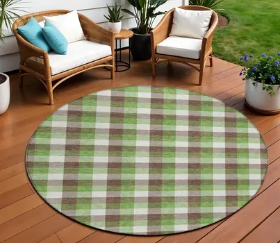 8' Brown Green And Beige Round Plaid Washable Indoor Outdoor Area Rug