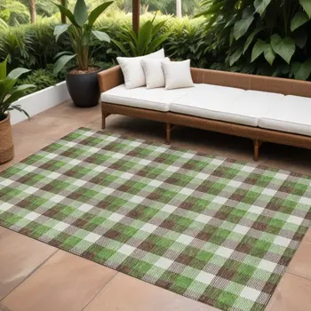10' X 14' Brown Green And Beige Plaid Washable Indoor Outdoor Area Rug