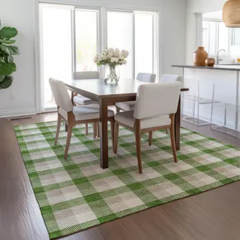 3' X 5' Emerald And Gray Plaid Washable Indoor Outdoor Area Rug