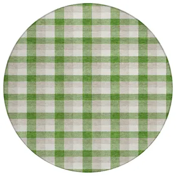 8' Emerald And Gray Round Plaid Washable Indoor Outdoor Area Rug