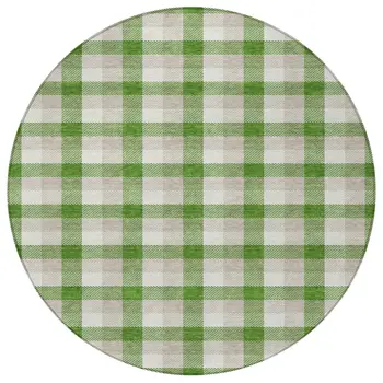 8' Emerald And Gray Round Plaid Washable Indoor Outdoor Area Rug