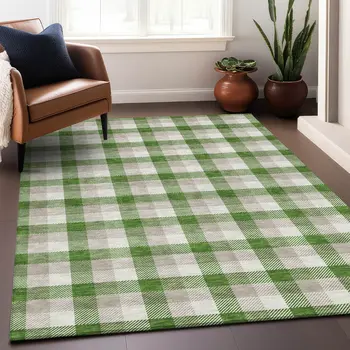 8' X 10' Emerald And Gray Plaid Washable Indoor Outdoor Area Rug