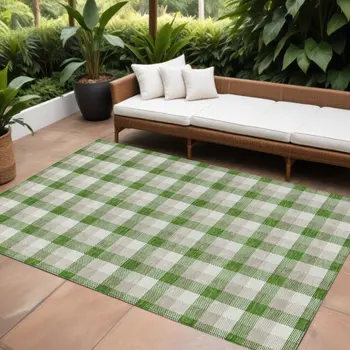 9' X 12' Emerald And Gray Plaid Washable Indoor Outdoor Area Rug