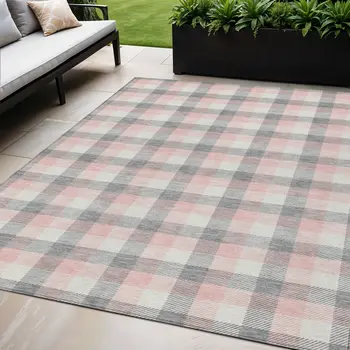 5' X 8' Granite Gray And Pink Plaid Washable Indoor Outdoor Area Rug