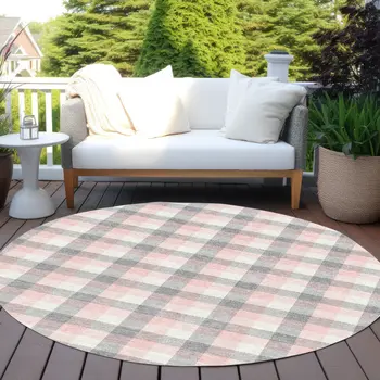 8' Granite Gray And Pink Round Plaid Washable Indoor Outdoor Area Rug