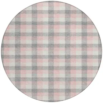 8' Granite Gray And Pink Round Plaid Washable Indoor Outdoor Area Rug