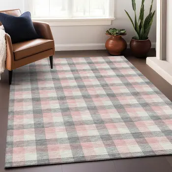 10' X 14' Granite Gray And Pink Plaid Washable Indoor Outdoor Area Rug