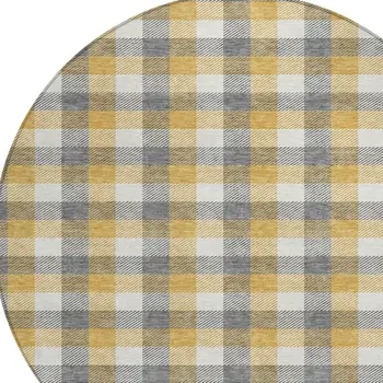 8' Gray Tan And Beige Round Plaid Washable Indoor Outdoor Area Rug