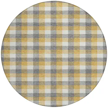 8' Gray Tan And Beige Round Plaid Washable Indoor Outdoor Area Rug