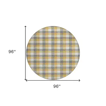 8' Gray Tan And Beige Round Plaid Washable Indoor Outdoor Area Rug