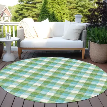 8' Lime Green Aqua And Beige Round Plaid Washable Indoor Outdoor Area Rug
