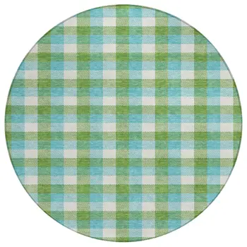 8' Lime Green Aqua And Beige Round Plaid Washable Indoor Outdoor Area Rug