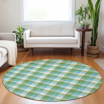 8' Lime Green Aqua And Beige Round Plaid Washable Indoor Outdoor Area Rug