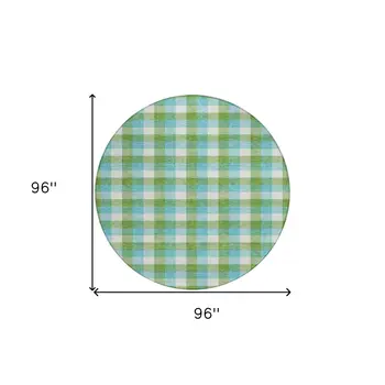 8' Lime Green Aqua And Beige Round Plaid Washable Indoor Outdoor Area Rug