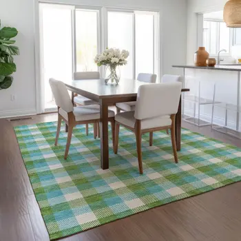 8' X 10' Lime Green Aqua And Beige Plaid Washable Indoor Outdoor Area Rug
