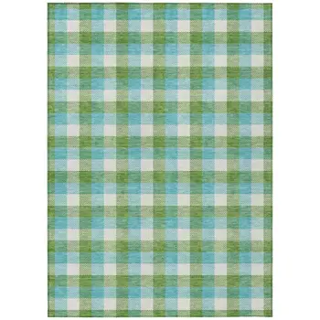 9' X 12' Lime Green Aqua And Beige Plaid Washable Indoor Outdoor Area Rug