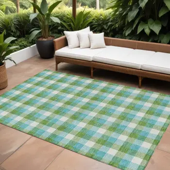 10' X 14' Lime Green Aqua And Beige Plaid Washable Indoor Outdoor Area Rug