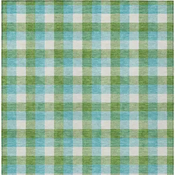 10' X 14' Lime Green Aqua And Beige Plaid Washable Indoor Outdoor Area Rug