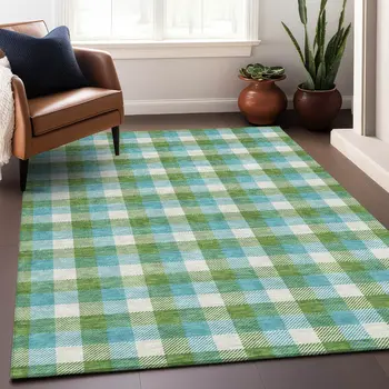 10' X 14' Lime Green Aqua And Beige Plaid Washable Indoor Outdoor Area Rug