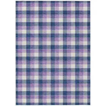 5' X 8' Navy Blue Purple And Beige Plaid Washable Indoor Outdoor Area Rug