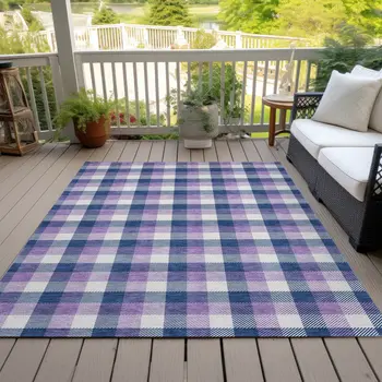 9' X 12' Navy Blue Purple And Beige Plaid Washable Indoor Outdoor Area Rug