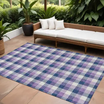 10' X 14' Navy Blue Purple And Beige Plaid Washable Indoor Outdoor Area Rug