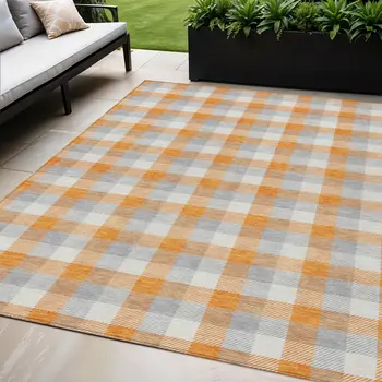5' X 8' Orange Gray And Beige Plaid Washable Indoor Outdoor Area Rug