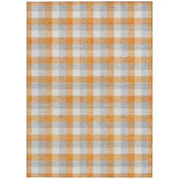5' X 8' Orange Gray And Beige Plaid Washable Indoor Outdoor Area Rug