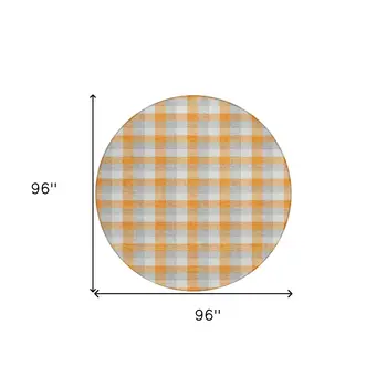 8' Orange Gray And Beige Round Plaid Washable Indoor Outdoor Area Rug