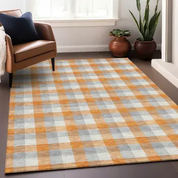 10' X 14' Orange Gray And Beige Plaid Washable Indoor Outdoor Area Rug