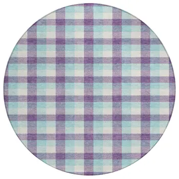 8' Purple Aqua And Beige Round Plaid Washable Indoor Outdoor Area Rug