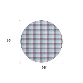 8' Purple Aqua And Beige Round Plaid Washable Indoor Outdoor Area Rug