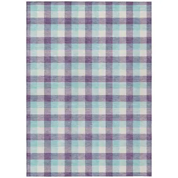 8' X 10' Purple Aqua And Beige Plaid Washable Indoor Outdoor Area Rug