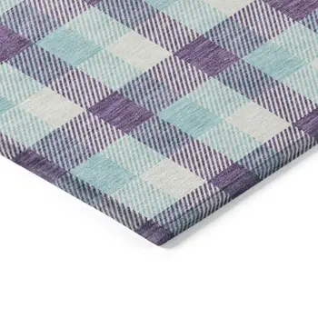 8' X 10' Purple Aqua And Beige Plaid Washable Indoor Outdoor Area Rug