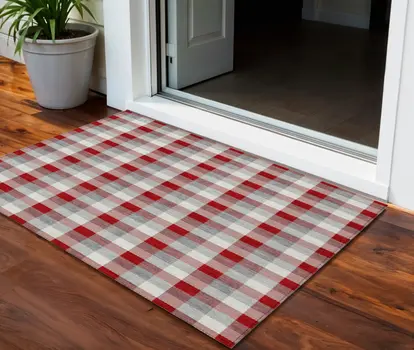 3' X 5' Red Gray And Beige Plaid Washable Indoor Outdoor Area Rug