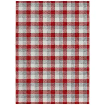 3' X 5' Red Gray And Beige Plaid Washable Indoor Outdoor Area Rug