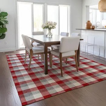 3' X 5' Red Gray And Beige Plaid Washable Indoor Outdoor Area Rug