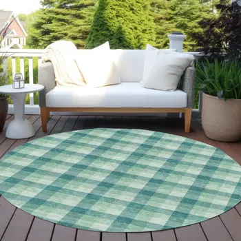 8' Blue And Green Round Plaid Washable Indoor Outdoor Area Rug