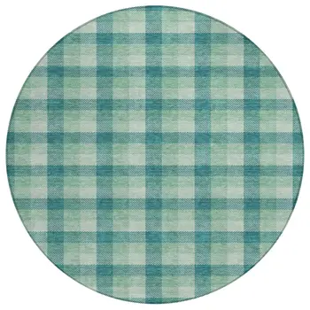 8' Blue And Green Round Plaid Washable Indoor Outdoor Area Rug