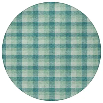8' Blue And Green Round Plaid Washable Indoor Outdoor Area Rug