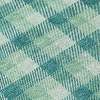 8' Blue And Green Round Plaid Washable Indoor Outdoor Area Rug