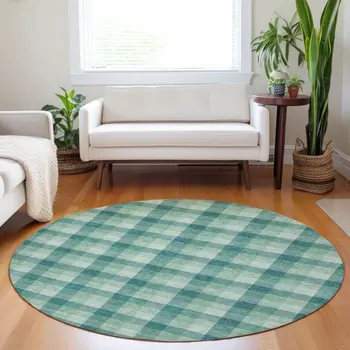 8' Blue And Green Round Plaid Washable Indoor Outdoor Area Rug