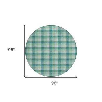 8' Blue And Green Round Plaid Washable Indoor Outdoor Area Rug