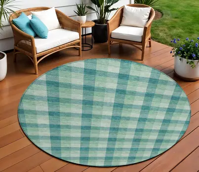 8' Blue And Green Round Plaid Washable Indoor Outdoor Area Rug