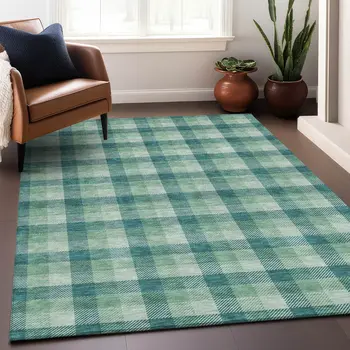 8' X 10' Blue And Green Plaid Washable Indoor Outdoor Area Rug