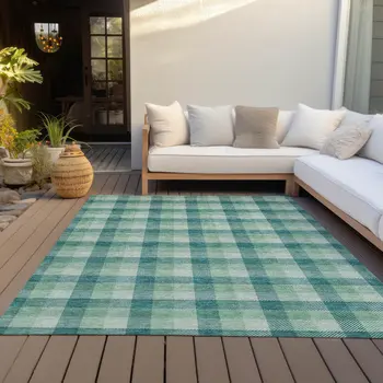 10' X 14' Blue And Green Plaid Washable Indoor Outdoor Area Rug