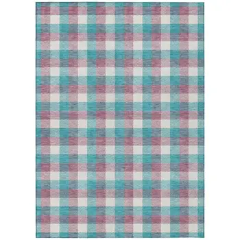 3' X 5' Teal Blue Purple And Beige Plaid Washable Indoor Outdoor Area Rug